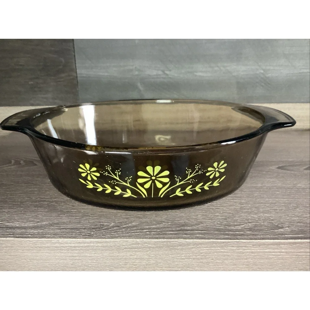 Vtg 70 s Glasbake Yellow Daisy Glass Smoked Amber Jeanette Baking Casserole Dish